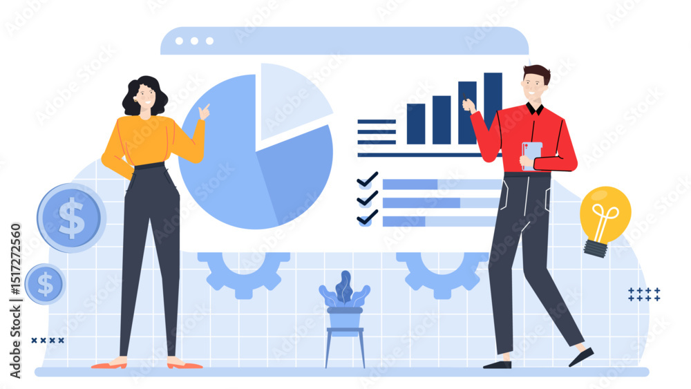 Obraz premium Two businesspeople showing data visuals for a presentation. Suitable for business meetings, reports, financial analysis, and teamwork concepts.