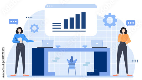 Two women standing in an office. Suitable for business presentations, corporate website, teamwork concepts, office environment illustrations, and diversity.