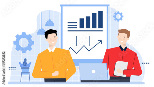 Two men analyzing data on bar chart and laptop. Suitable for business presentations, financial reports, or data analysis concepts.