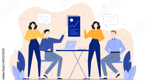 Four people collaborating at a desk. Ideal for team meetings, office discussions, brainstorming sessions, business presentations, and teamwork concepts.