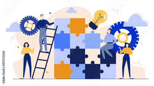 Group of people working together to complete puzzle. Teamwork, problem-solving, collaboration concept for business, education, teambuilding, and teamwork themed projects.