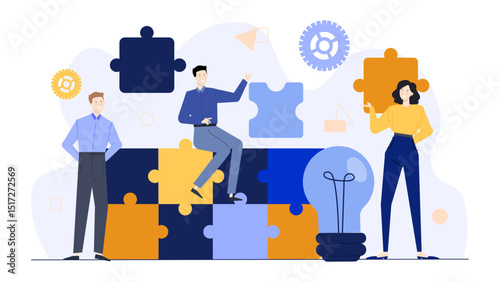 Three people collaborate on a light bulb puzzle. Teamwork concept for problem solving, innovation, and brainstorming in business and education.