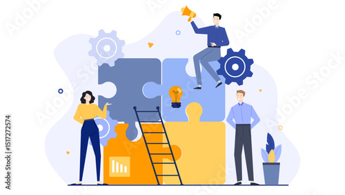 Three people standing on puzzle pieces, teamwork concept. Suitable for business presentations or social media posts on collaboration.
