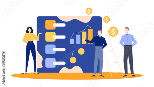 Three individuals analyzing a graph on a blue board. Ideal for business, teamwork, financial analysis, strategic planning concepts in design projects.
