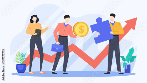 Three people, puzzle piece coin, briefcase. Teamwork, finance, business concepts. Suitable for presentations, websites, articles on teamwork and financial planning.