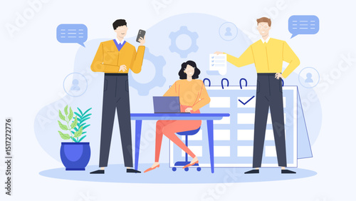 Three people collaborating on a project, demonstrating teamwork and brainstorming. Ideal for business concepts, teamwork, collaboration, and project management.