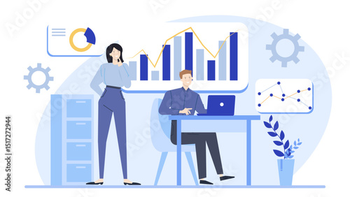 Woman assists man using laptop, teamwork concept, modern workplace, collaboration, technology, remote work, co-working space, professional setting, teamwork illustration.
