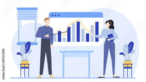 Two people present bar and line graphs, perfect for business presentations or financial reports emphasizing data visualization and analysis.