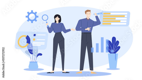 Concept of teamwork and analysis in business. Collaboration, research, investigating data. Financial experts examining statistics for strategic decisions