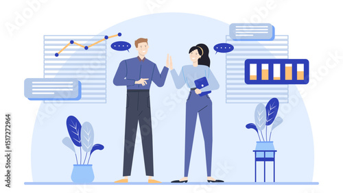 Two colleagues celebrating success in office setting, ideal for business presentations, teamwork concepts, corporate training materials, and office culture articles.