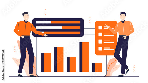 Title Two men pointing at chart of statistics. Suitable for financial presentations, business reports, infographics, data analysis websites.