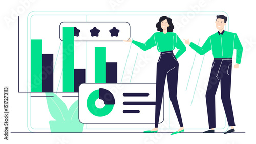 Data analysis teamwork concept, two individuals studying graphs and charts. Suitable for presentations, business reports, financial analysis, and teamwork illustrations.