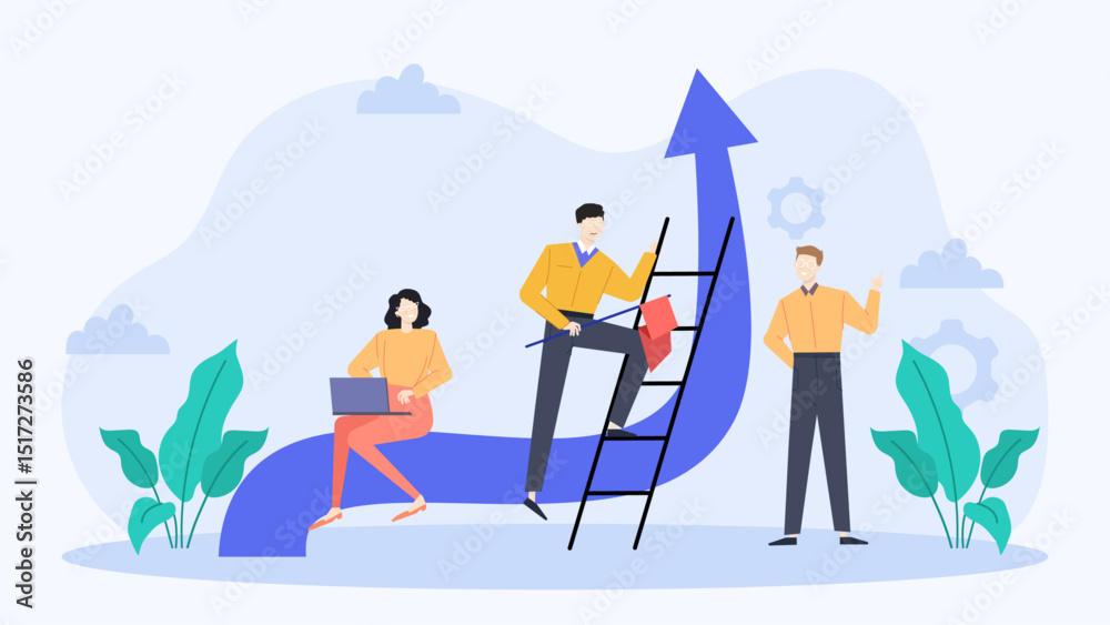 Fototapeta premium Three people collaborating on a blue arrow suitable for teamwork, leadership, progress, and business concepts in presentations and designs.