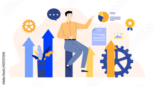 Man on arrow pointing up, symbolizing growth, success. Ideal for business presentations, motivation posters, career advancement concepts, success graphics.