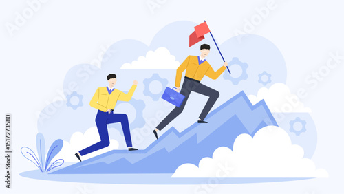 Two men climbing a mountain with a flag. Suitable for adventure, success, teamwork, perseverance, leadership, reaching goals concepts.