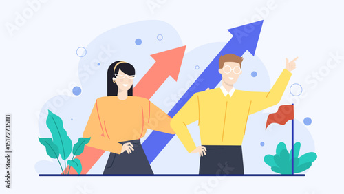 Happy couple celebrates victory holding a red flag. Celebration, success, achievement concept. Business, teamwork, marketing, motivation, and winning themes.