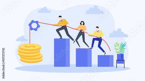 Three people pulling rope on gear over coins stack. Business competition concept for financial success, teamwork, investment, or strategy planning.
