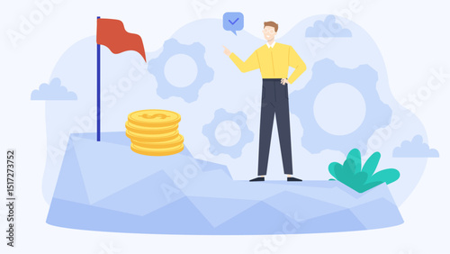 Man stands proudly on mountaintop holding flag with coins and gears, symbolizing success, achievement, progress. Suitable for leadership, business, motivation concepts.