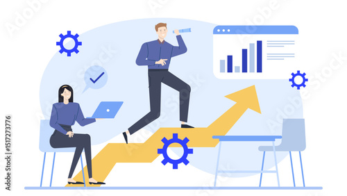 Man using telescope viewing graph, woman on chair. Suitable for business, finance, data analysis, teamwork, collaboration, strategy concepts.