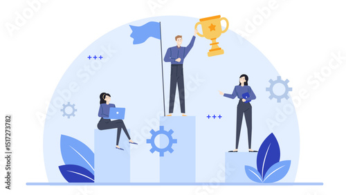 Three people on podiums with trophy flag and laptop. Suitable for business success, competition, teamwork, awards, and technology themes.