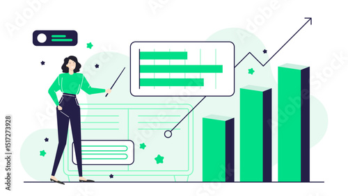 Ideal for business presentations, marketing material, or educational content, featuring a woman gesturing at a positive growth graph. Suitable for finance concepts.