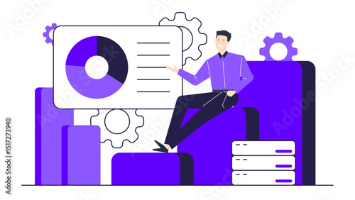 Man presents data in a pie chart. Useful for business presentations, data analysis reports, financial reviews, statistics lectures, and infographic designs.
