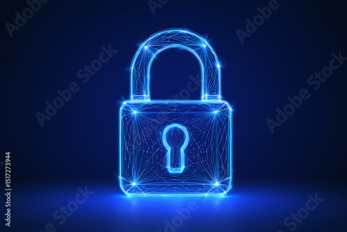 Abstract blue neon padlock digital security concept