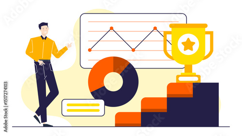 Man pointing at trophy on steps, motivation, success concept, achievement, award recipient, reaching goals, competitive spirit, recognition, winner announcement.