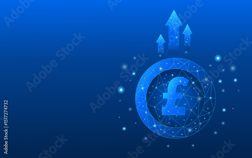 Compelling digital illustration of the British Pound symbol in a radiant network, representing the digital future of British currency, fintech advancements, and crypto growth on a blue background