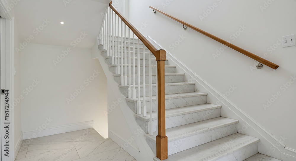 Fototapeta premium Front view of modern marble stairs, wooden railing and white walls.