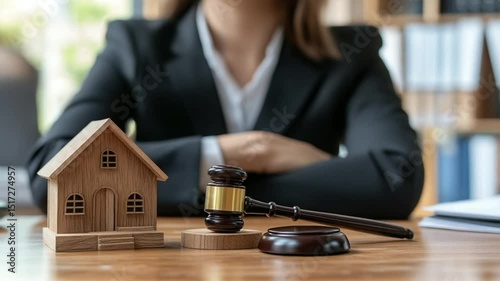 Lawyer with gavel and house model discussing legal matters