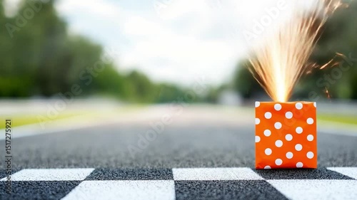 Colorful Party Box with Sparklers on Race Track Background for Celebration and Festivity Themes