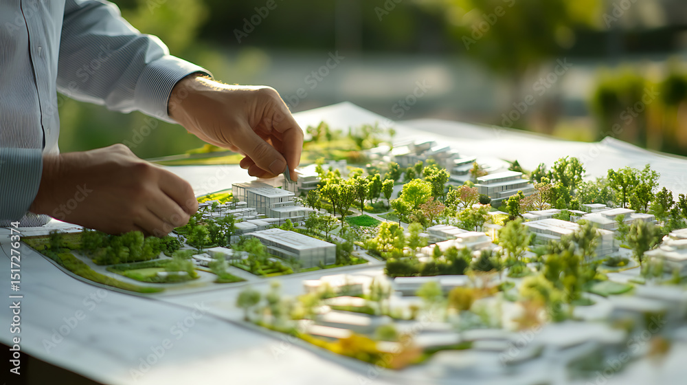Fototapeta premium Architect Adjusting a Scale Model of an Urban Development