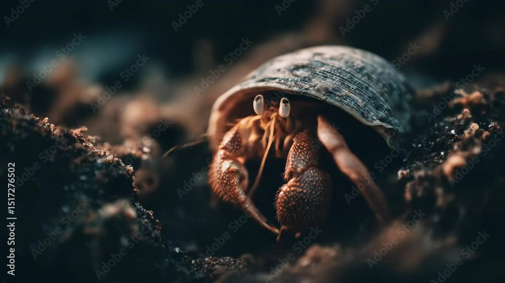 Tiny hermit crab emerges cautiously from shell amidst dark sand and colorful seaweed