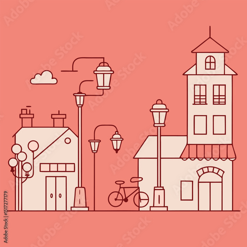Charming Line Art Cityscape Houses, Bikes, and Streetlights