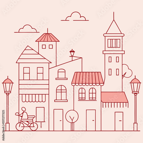 Charming Town Line Art Simple, Minimalist Village Illustration