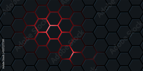 Abstract dark hexagon pattern on red neon background technology style. Modern futuristic geometric shape web banner design. You can use for cover template, poster, flyer, print ad. Vector illustration