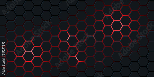 Abstract dark hexagon pattern on red neon background technology style. Modern futuristic geometric shape web banner design. You can use for cover template, poster, flyer, print ad. Vector illustration