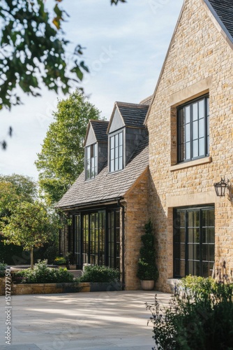 Beautiful modern stone house with large windows and landscaped garden in a serene countryside setting in the afternoon light