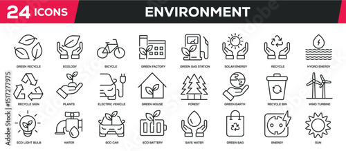 Set of line icons related environment, ecology, sustainable, energy. Editable stroke. Perfect pixel on transparent background