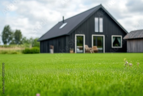 Wallpaper Mural Nestled amidst a lush green lawn, this charming black cottage boasts a sleek modern design, perfectly complementing the serene landscape on a bright, sunny day Torontodigital.ca