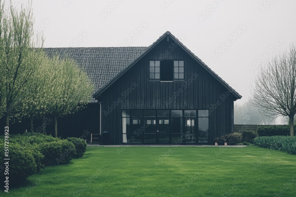 Obraz premium A contemporary black wooden house stands gracefully amidst lush greenery, enveloped by a mystical misty landscape in the tranquil early morning light