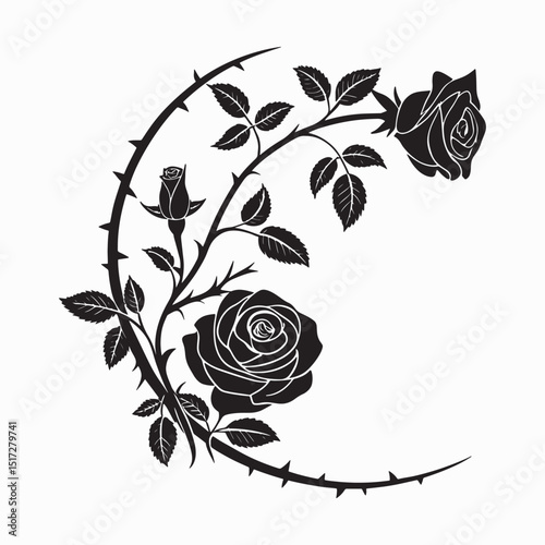 Black and white illustration of roses with thorns
