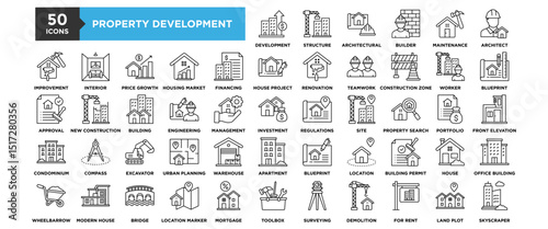 50 Property Development icon set. Containing design Property Development, Built Structure, Architectural, Builder, Home Maintenance	