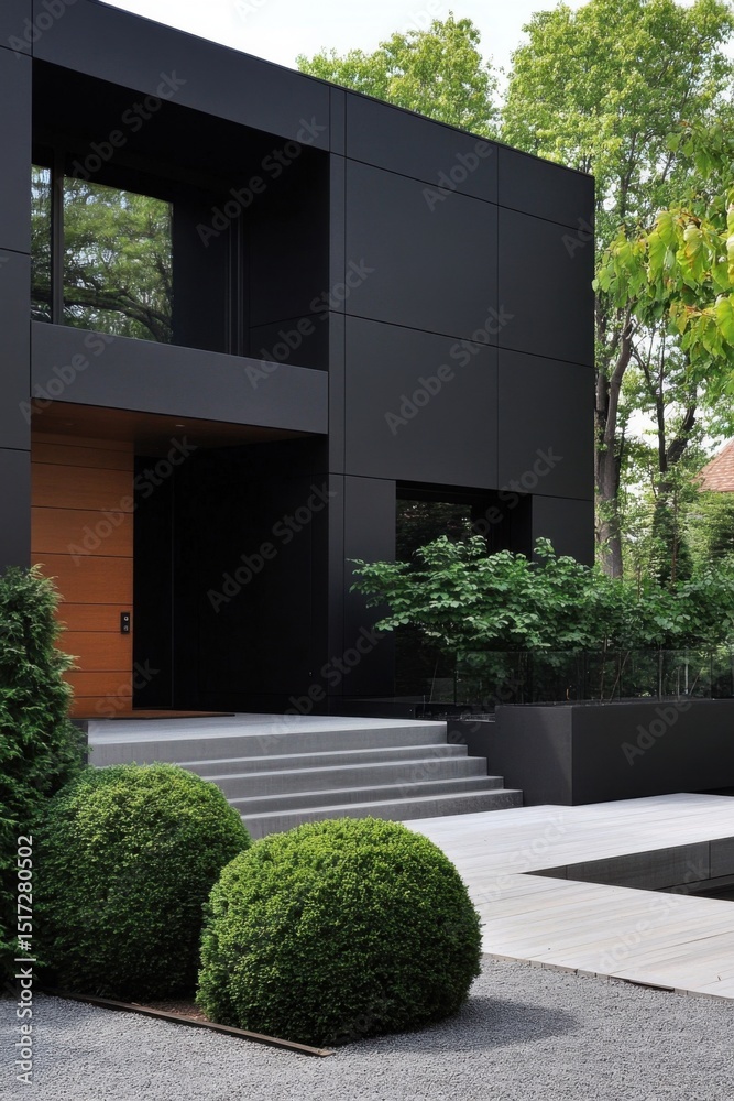 Obraz premium Modern black house design in a serene garden with neatly trimmed bushes and a water feature, showcasing contemporary architecture and landscaping
