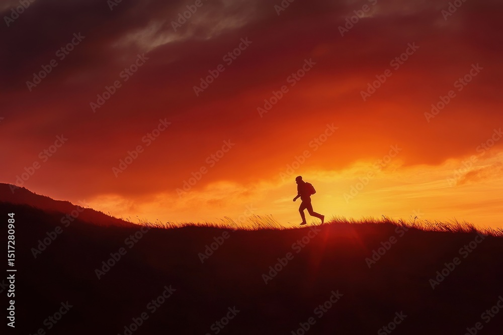 Man runs on a mountain ridge at sunset with vibrant sky and dramatic cloud formation, The man running on the mountain against the beautiful sunrise slow motion Man runs on a mountain ridge at sunset with vibrant sky and dramatic cloud formation, The man running on the mountain against the beautiful sunrise slow motion