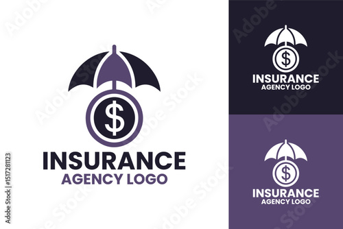 Modern Insurance Logo with Dollar Coin and Umbrella Symbol in Solid Purple for Financial Protection
