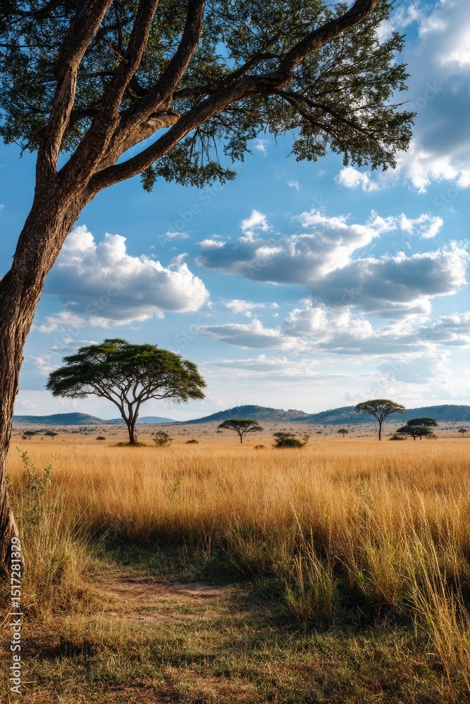 Obraz premium Vast savanna landscape with gently rolling hills and scattered acacia trees