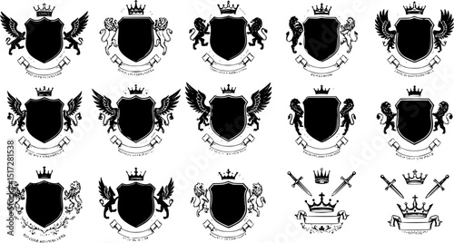 Heraldic Animals, shields logos, retro ribbons, luxury logo symbols, crown and swords icons. Heraldic Crest Logos elements set. Vector illustration
