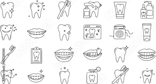 Tooth line icon set. Dental clinic logo. Clean teeth. Vector EPS
